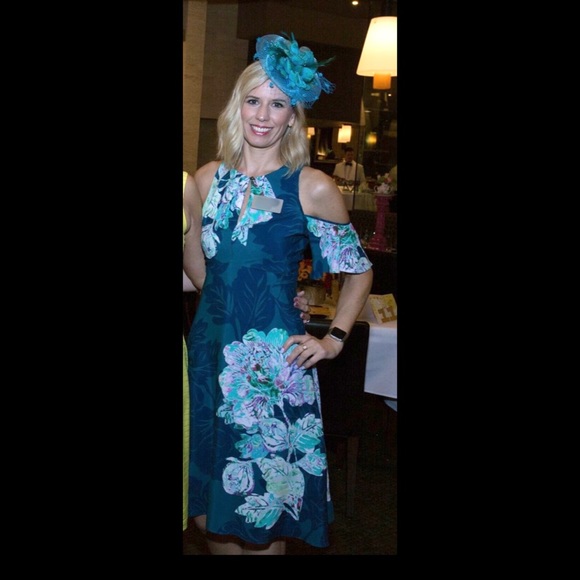 Anthropologie Maeve Elia Open Shoulder Dress Blue - Picture 3 of 12